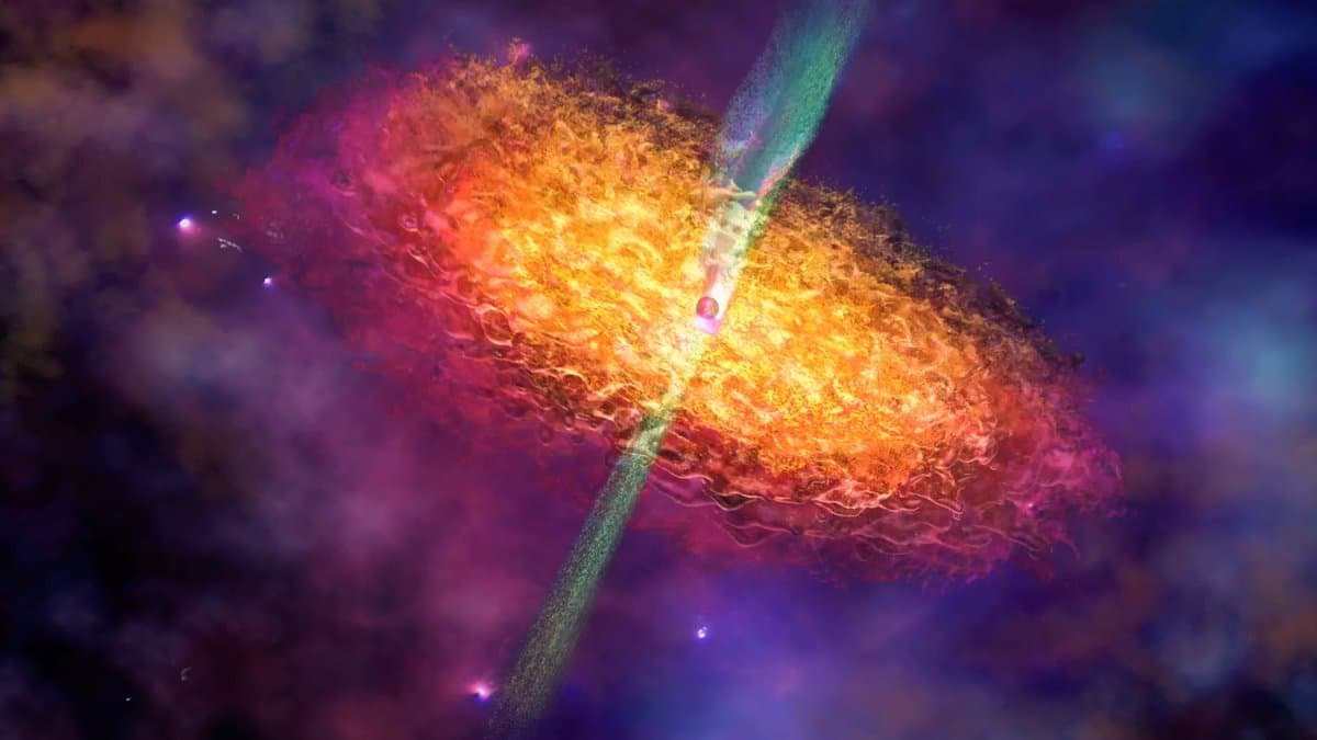 Artist's impression of a glowing disk of gas spiraling into a black hole, with a narrow jet emerging along the axis perpendicular to the disk.