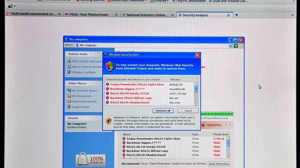 Photograph of a computer screen showing a counterfeit Windows Security Alert pop-up over a web browser, listing fake virus detections.