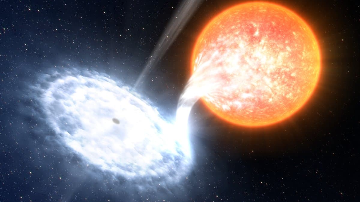 Artist's view of an X-ray binary: a stream of gas leaves a swollen orange star and spirals into a bright blue-white disk around a compact companion.