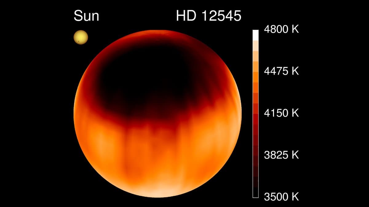 A map of the star HD 12545 showing a giant dark starspot across one hemisphere, the Sun drawn to the same scale at upper left, and a temperature scale from 3500 to 4800 kelvin at right.