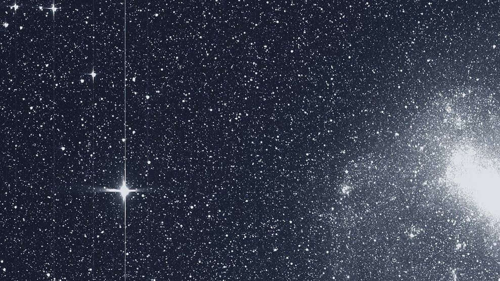 A dense star field recorded by NASA's TESS, with the Large Magellanic Cloud glowing at the right edge.