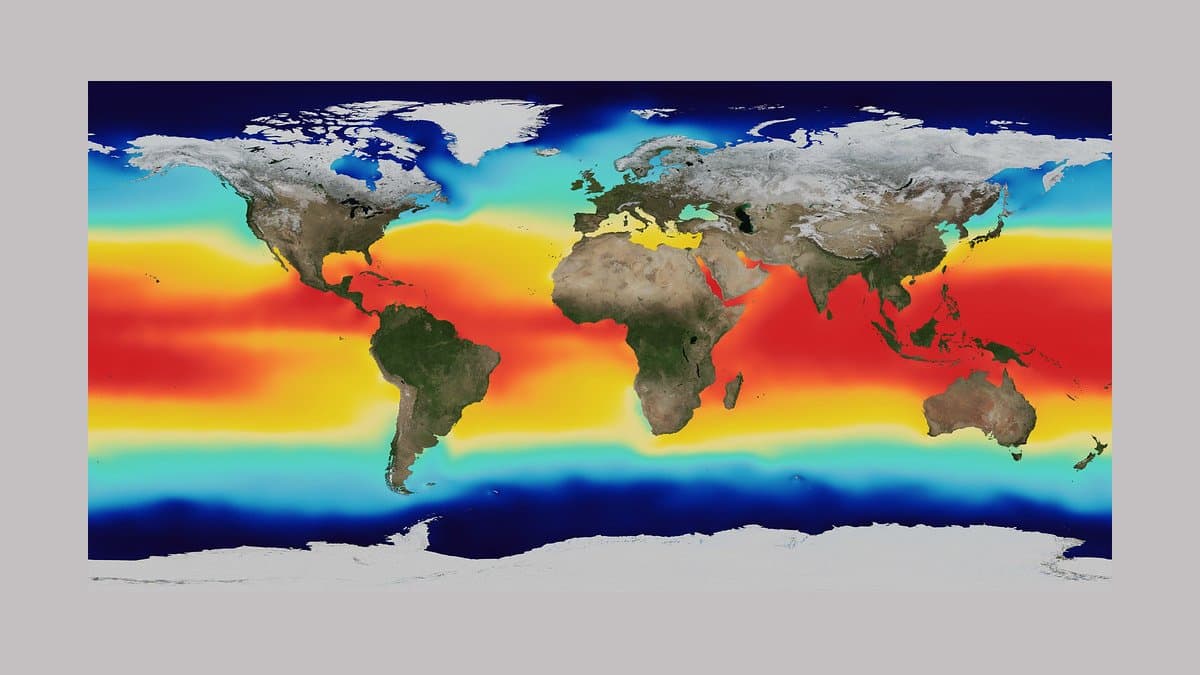 Global map of sea surface temperature, red across the tropical oceans and deep blue toward the polar seas.