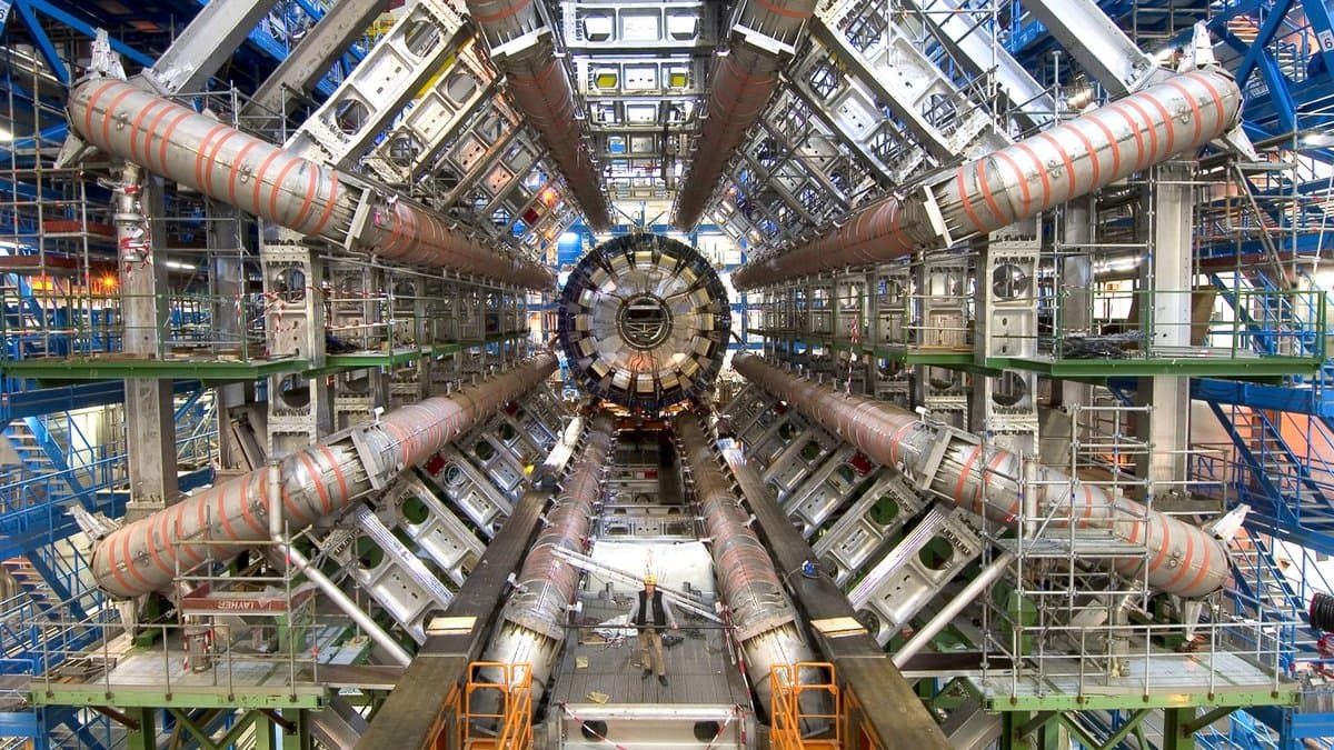 The ATLAS detector at CERN seen end on, with eight barrel toroid magnets radiating around the central beam pipe.