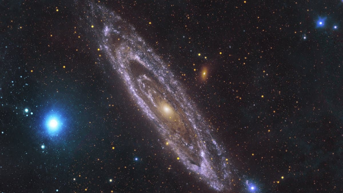 The Andromeda galaxy in ultraviolet light, its tilted disk resolved into bright rings of young, massive stars against a dark star field.