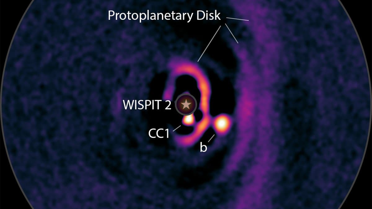 Thermal-infrared image of the young star WISPIT 2, its ringed protoplanetary disk, and the planet WISPIT 2b as a bright point inside a gap in the rings.