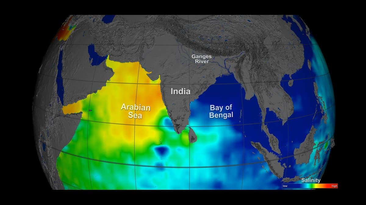 Satellite map of sea surface salinity around India, with the Bay of Bengal in blue for low salinity and the Arabian Sea in yellow for high salinity.