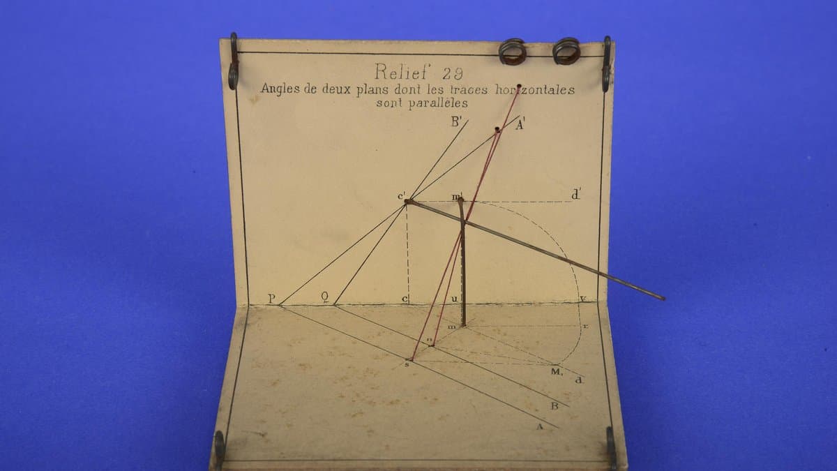 A small card and thread teaching model standing on a blue background, two panels meeting at a right angle with lines and pins marking the angle between two planes.