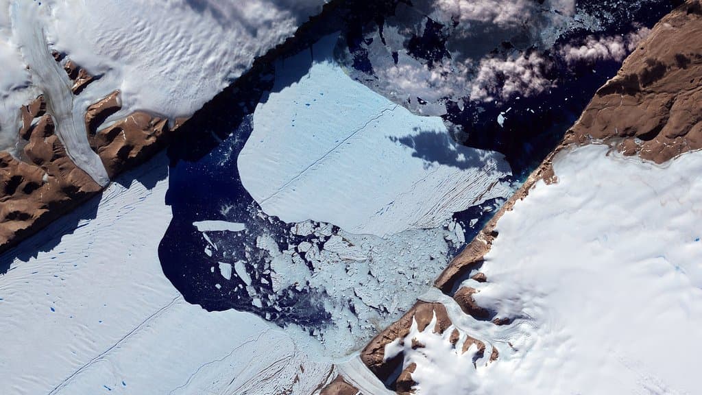 Satellite view of the ice front of Petermann Glacier in northern Greenland, with a large calved slab of ice surrounded by broken sea ice in the dark water of the fjord.