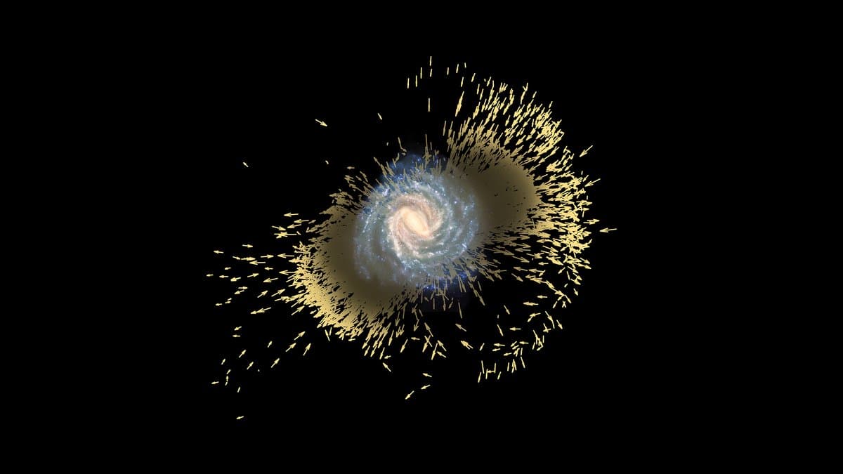 Artist's impression of the Milky Way seen from above, overlaid with hundreds of yellow arrows marking the simulated debris of the Gaia-Enceladus galaxy and the direction its stars travel.