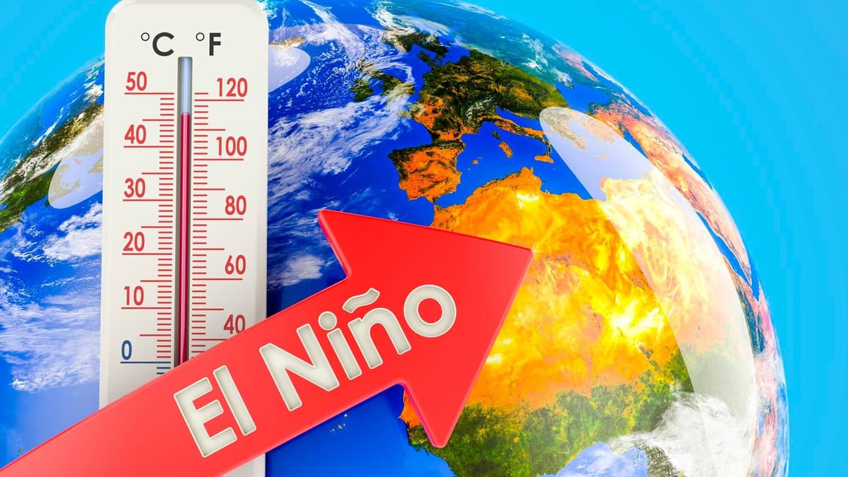 A 3D render of the Earth with a large white thermometer and a red arrow labelled El Nino sweeping upward across the globe