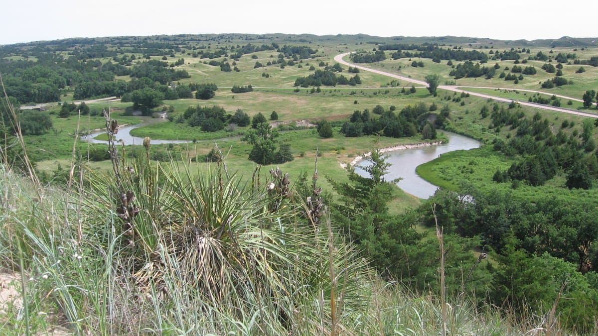 Rolling grass-covered dunes in the Nebraska Sandhills, with a river meandering through green meadows under a pale sky.