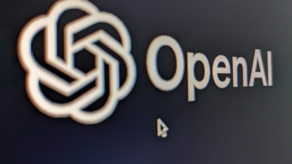 A close-up photograph of the OpenAI wordmark and knot logo displayed on a computer screen.