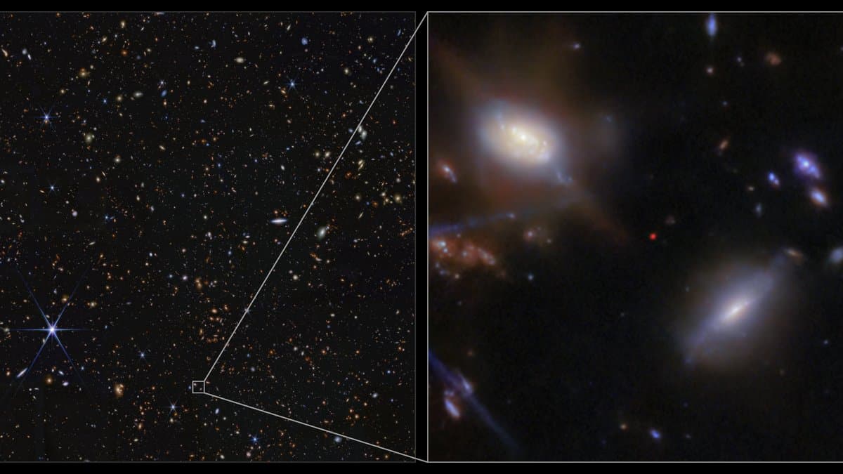 A wide infrared exposure of the southern sky crowded with faint galaxies, with one small patch magnified at right to show two bright spiral galaxies and their neighbors.