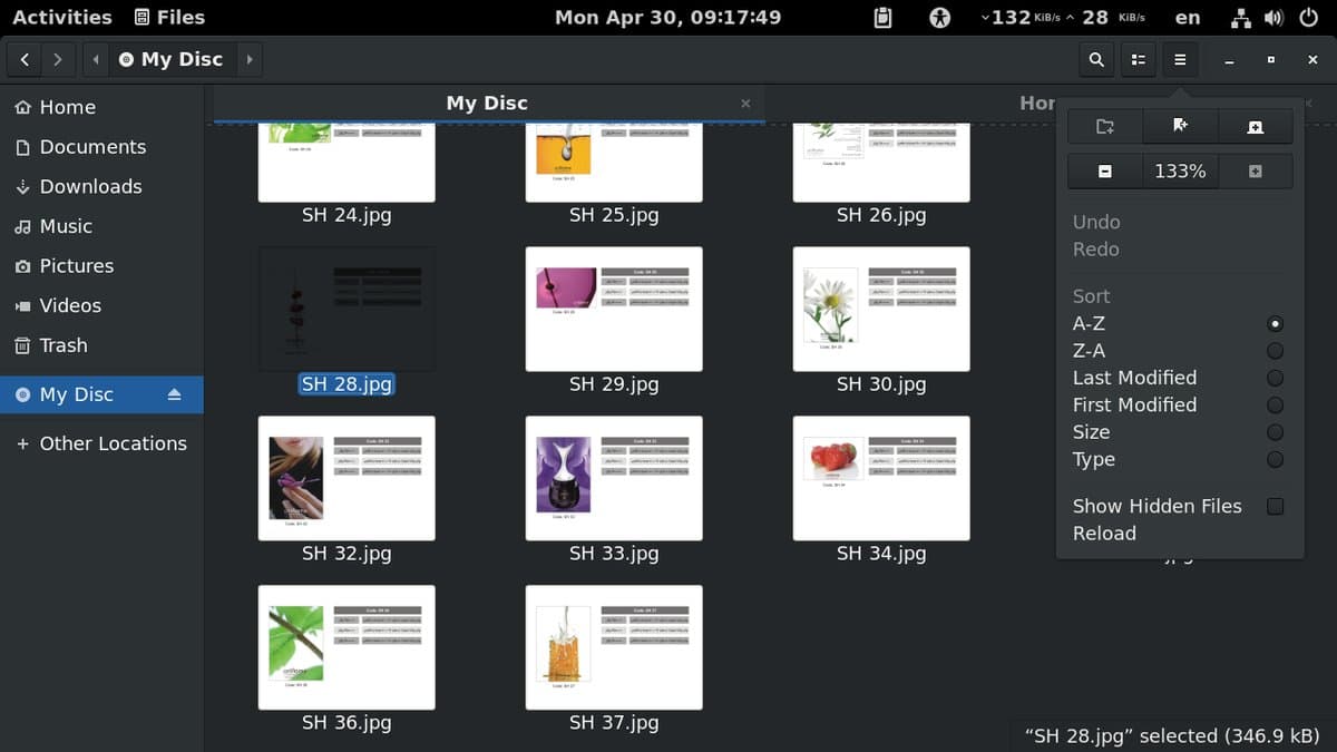 Screenshot of a Linux file manager window showing a folder of image files with their file names, and an open menu offering to sort by last modified.