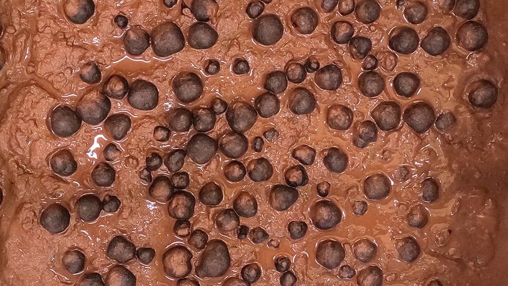 Dark rounded mineral nodules half buried in fine reddish-brown deep-sea clay.