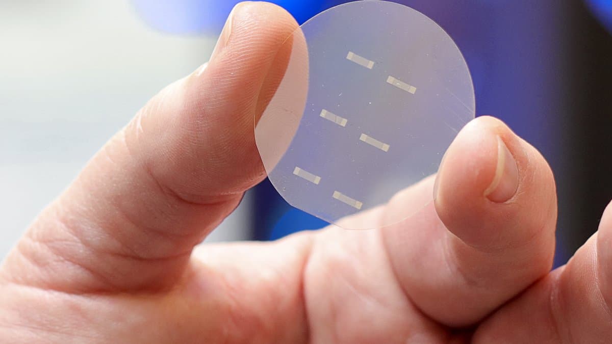 A hand holds a small translucent wafer patterned with rectangular metal structures, photographed in a laboratory.
