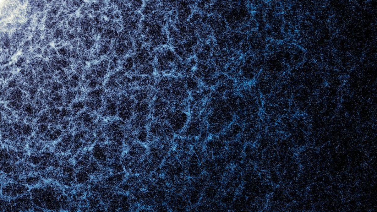A zoomed-in slice of the DESI 3D galaxy map showing filaments and empty voids in the large-scale structure of the Universe