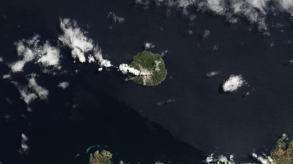 Satellite view of an ash plume from an explosive eruption at an Indonesian volcano
