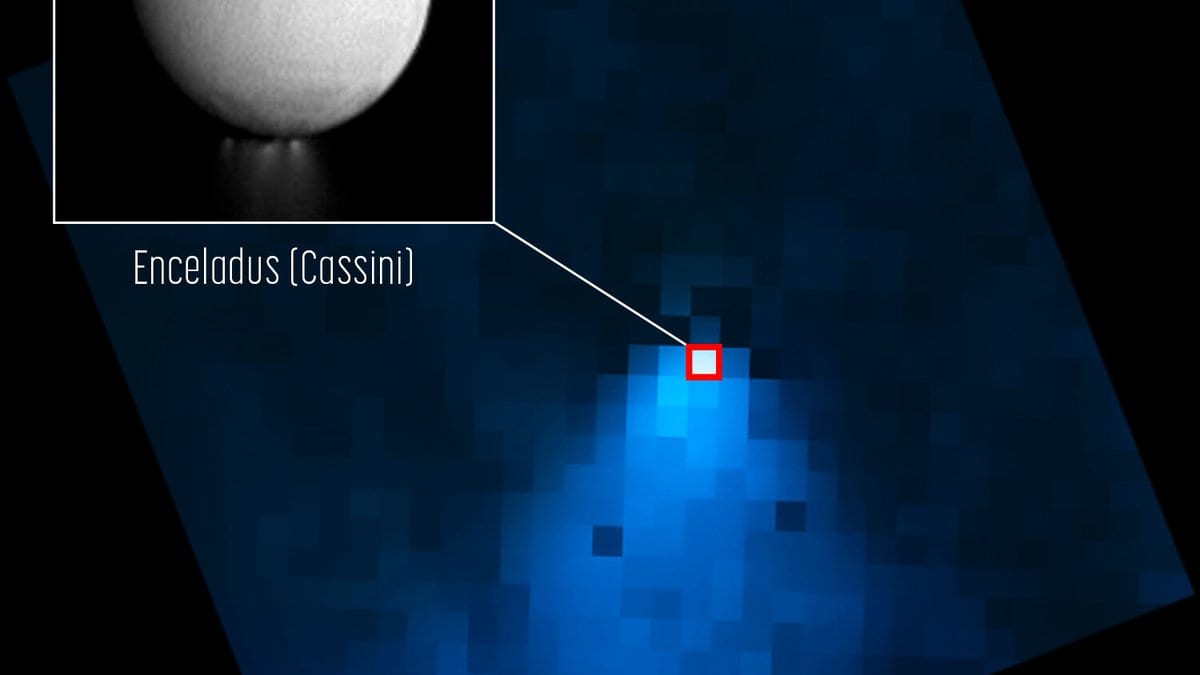 JWST NIRCam infrared image of Saturn's moon Enceladus with a large water-vapour plume extending from its south pole