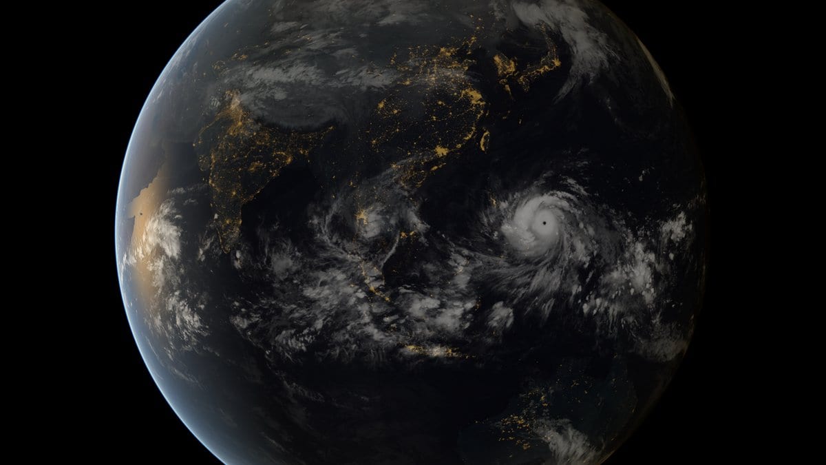 Satellite view of Typhoon Haiyan, a vast spiral storm with a clear eye, approaching the Philippines