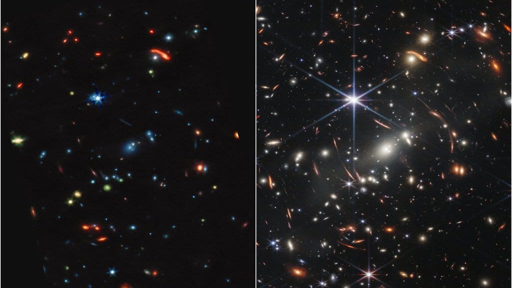 Two side-by-side Webb infrared views of the same deep field, crowded with distant galaxies against black space