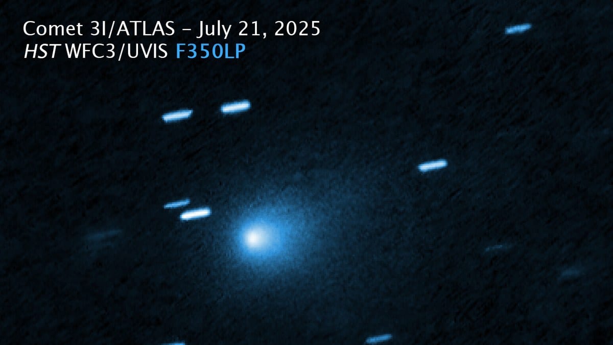 Hubble Space Telescope image of interstellar comet 3I/ATLAS: a bright condensed coma against a field of background stars trailed into short streaks, with the frame's own title