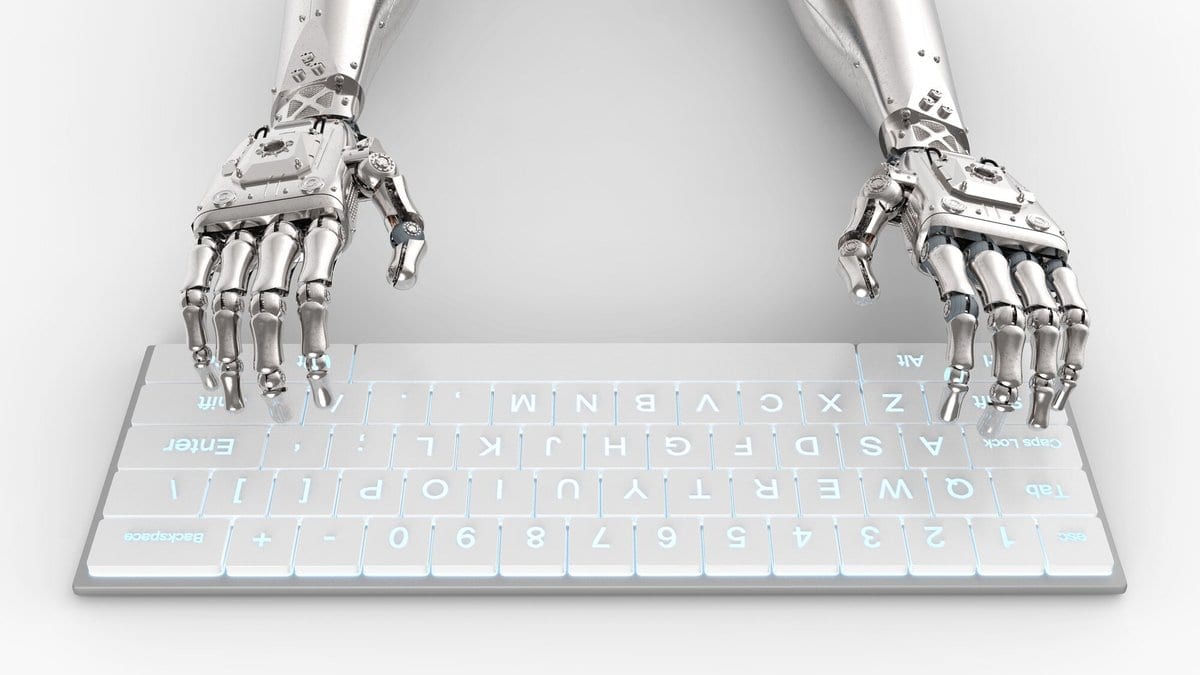 A three-dimensional render of two silver robotic hands typing on a glowing white computer keyboard.