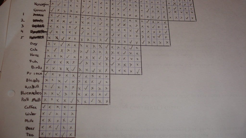 A hand-drawn deduction grid for Einstein's logic puzzle on paper, its rows labelled with nationalities, pets, cigarette brands and drinks and its cells filled in with pencil ticks and crosses.
