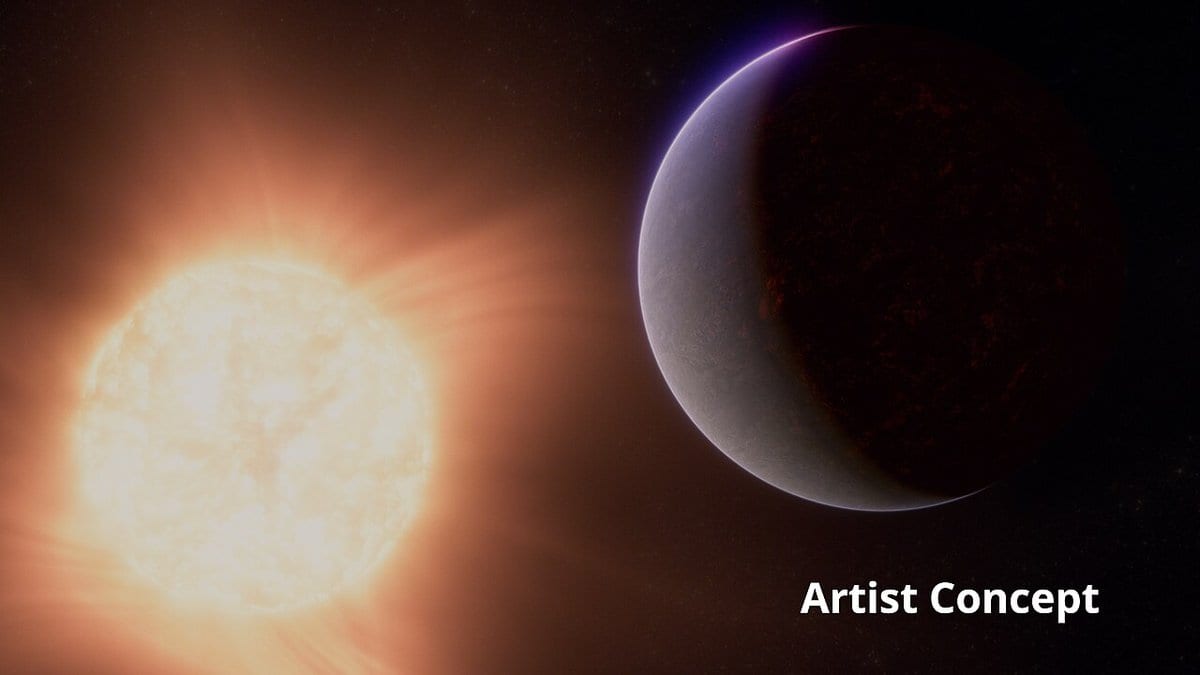 Artist's concept of a rocky planet close to a bright orange star, its night side glowing dull red with molten rock and a thin bright crescent of atmosphere along its limb.