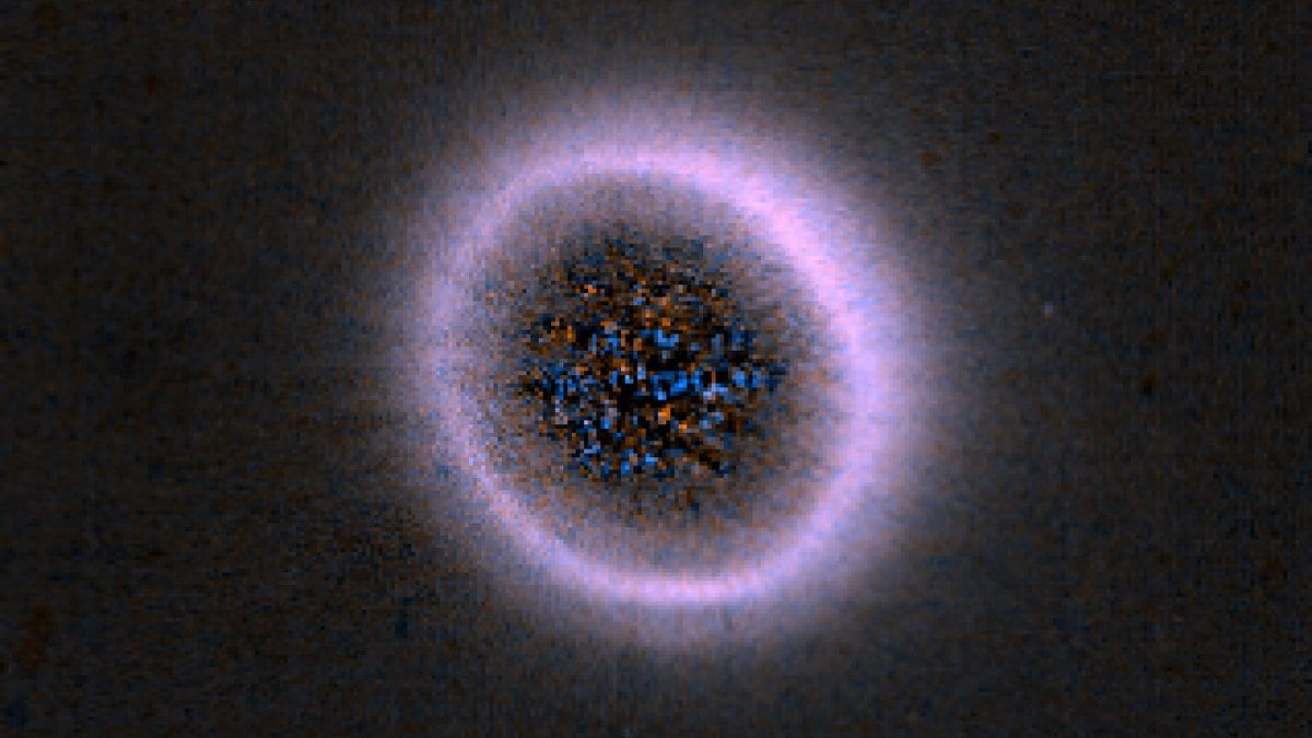 JWST NIRCam coronagraphic image of the star HD 181327: a bright pinkish ring of dust encircling a masked central star, surrounded by a fainter diffuse halo against a dark noisy background.