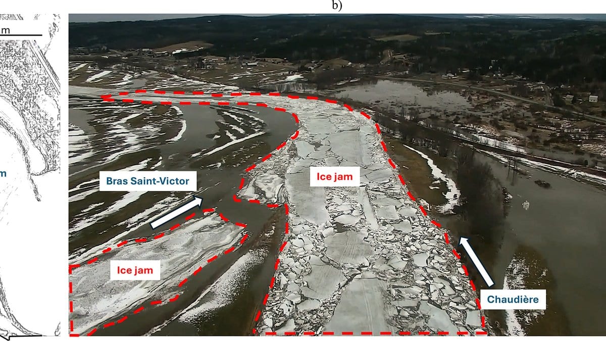 Aerial drone photograph of a Quebec river confluence packed with broken slabs of river ice; a red dashed line outlines the ice jam, with flooded low ground and bare woodland beyond.