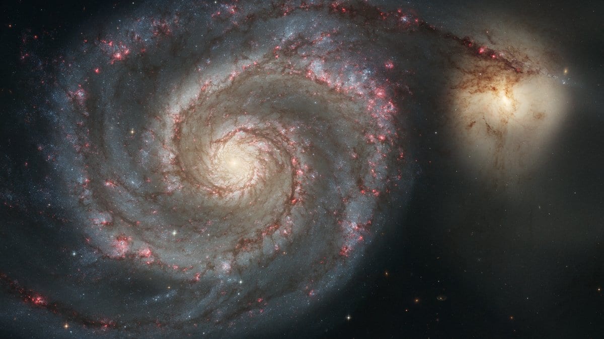 Hubble photograph of the Whirlpool Galaxy, a large face-on spiral with blue-white arms and pink star-forming knots, with a smaller golden companion galaxy attached to the tip of one arm.
