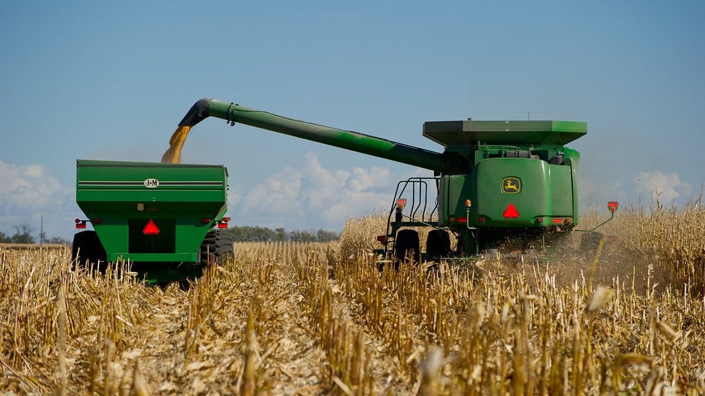 A green combine harvester unloads freshly picked corn through a spout into a grain cart driven alongside it across a cut cornfield under a blue sky.