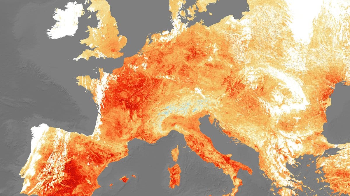 Satellite land-surface-temperature map of Europe on 25 July 2019, with France, the Low Countries, Germany and the Iberian Peninsula glowing deep red during a record heatwave; cloud shows as white and snow-covered Alpine peaks as pale blue