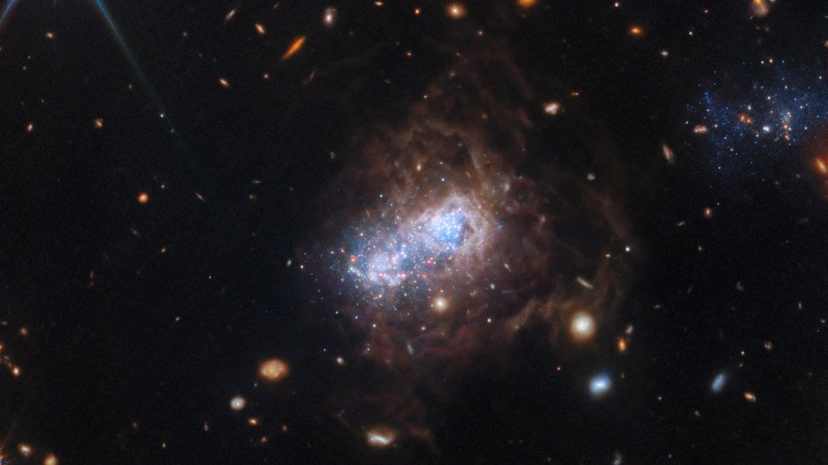The irregular dwarf galaxy I Zwicky 18, a bright blue clump of young stars wrapped in faint brown gas, with a smaller companion clump beside it and distant galaxies scattered across the field.