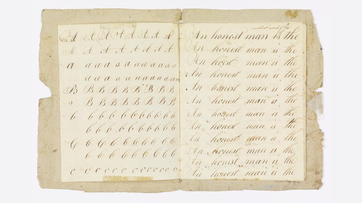 An open nineteenth century penmanship copybook. The right page carries the same sentence written out in ink twelve times, each copy shakier than the one above it.