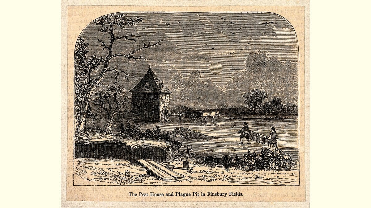 Wood engraving of a pest house beside an open plague pit in Finsbury Fields, with two men carrying a covered body toward the pit and shovels and planks lying in the foreground.