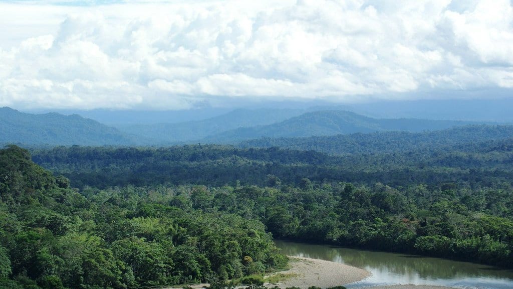 Dense tropical rainforest canopy stretching to forested ridges, with a broad sky of clouds above