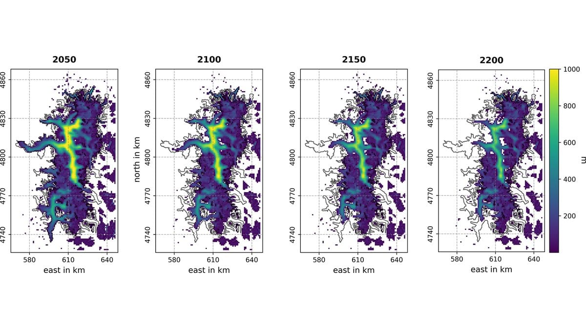 Four map panels showing modeled ice thickness of the Northern Patagonian Icefield in 2050, 2100, 2150 and 2200, shaded from purple for thin ice to yellow for ice about 1,000 meters thick, with the ice thinning to a narrow central spine by 2200.