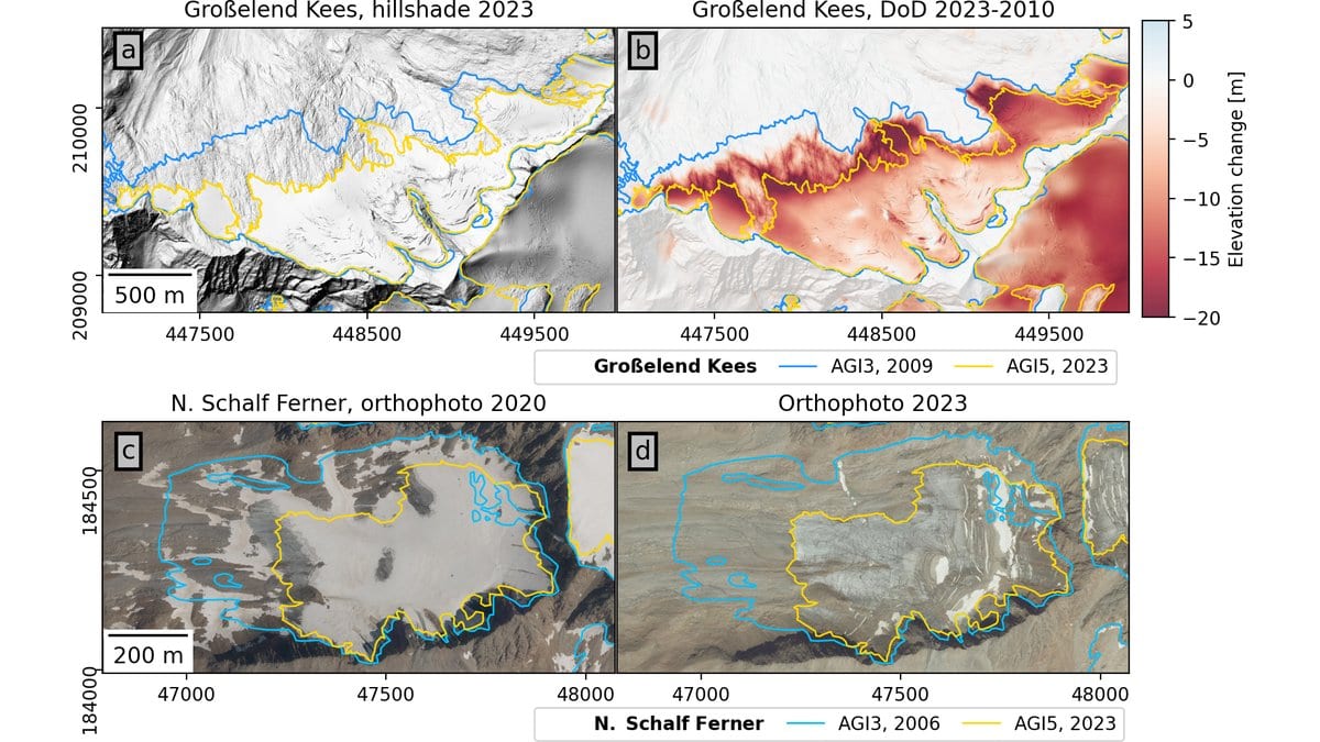 Four-panel figure: a hillshade and an elevation-change map of Grosselend Kees, and two aerial orthophotos of Noerdlicher Schalf Ferner, each overlaid with a larger blue earlier glacier outline and a smaller yellow 2023 outline.
