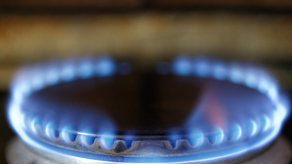 A ring burner on a gas stove, its ports lit with a blue natural gas flame.