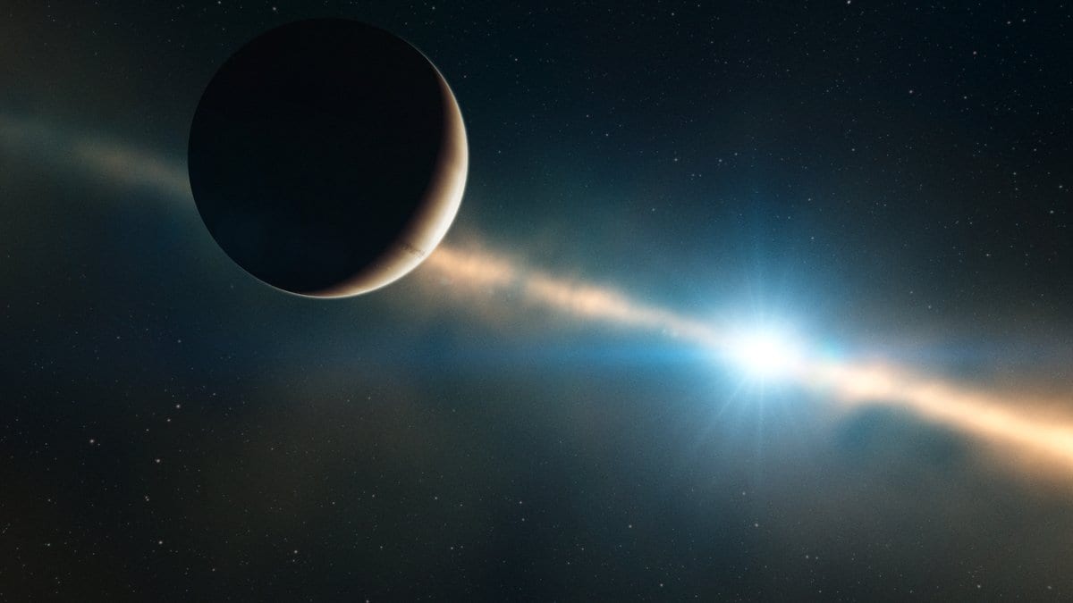 Artist's impression of the giant planet β Pictoris b as a dark crescent, with the bright star β Pictoris and its edge-on dust disk behind it.