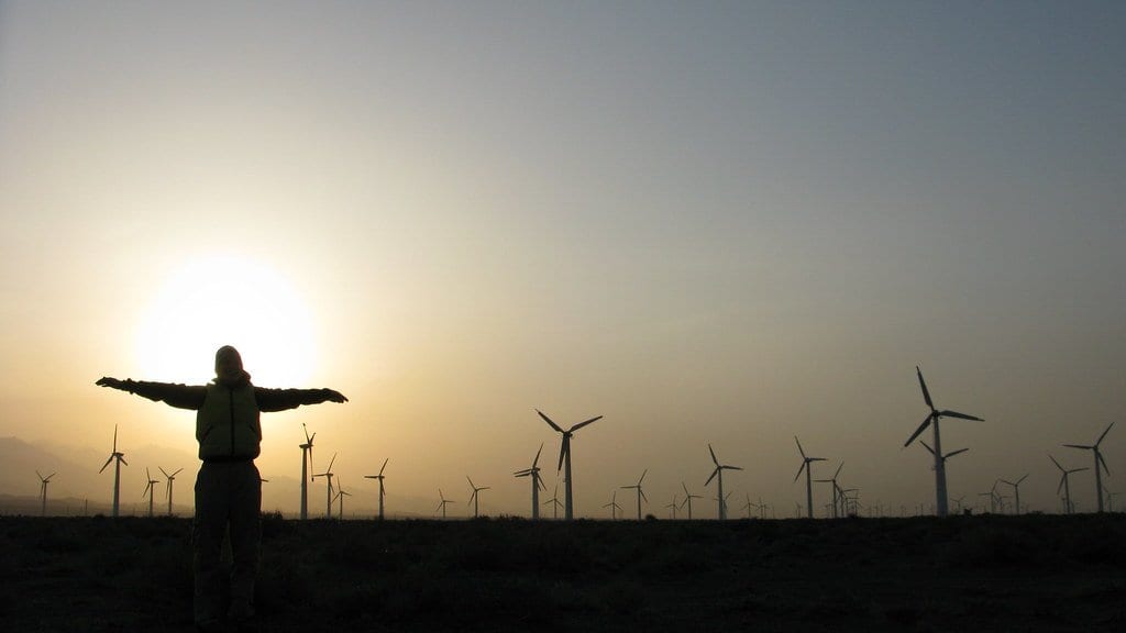 Rows of wind turbines stretching to the horizon across a desert plain at sunset, with a person standing in silhouette in the foreground.