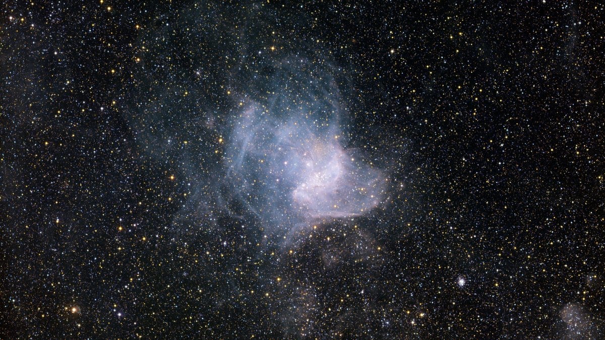 A dense field of stars with a pale blue nebula at the center, the star-forming region NGC 346 in the Small Magellanic Cloud.