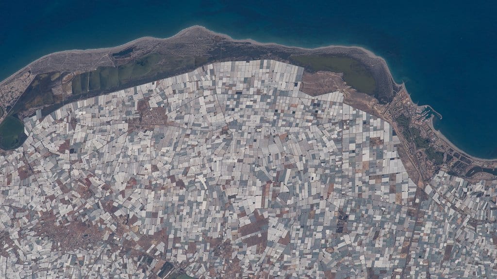 An aerial view of a coastal plain packed with white greenhouse roofs, with the sea at the top of the frame.