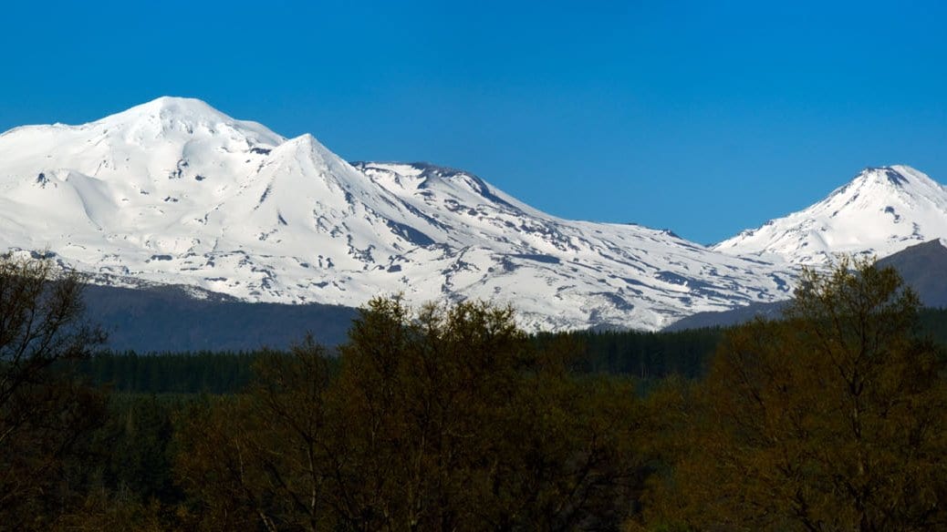 A long snow-covered volcanic ridge with several peaks rising above a dark conifer forest under a clear blue sky.