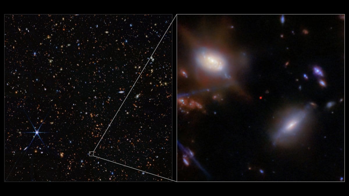 A wide James Webb Space Telescope near-infrared image of the GOODS-S deep field dotted with hundreds of faint galaxies, beside a magnified panel showing two bright galaxies in detail.