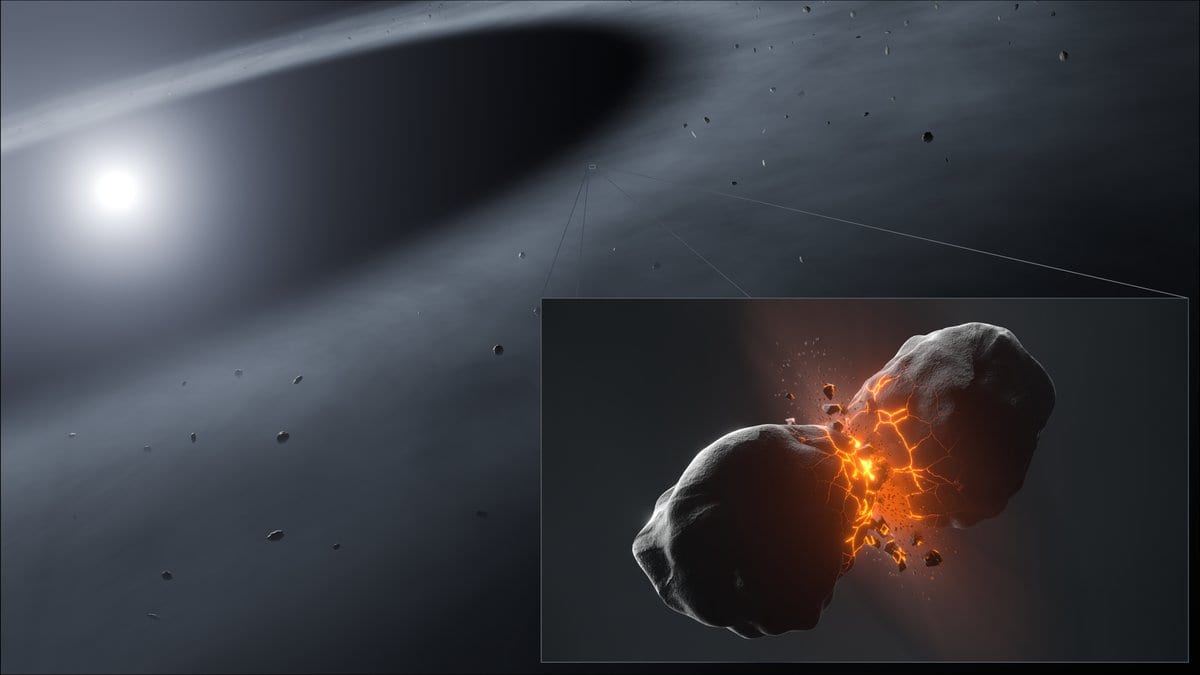 Illustration of a bright star inside a tilted ring of dust, with an inset showing two rocky bodies breaking apart in a glowing impact.