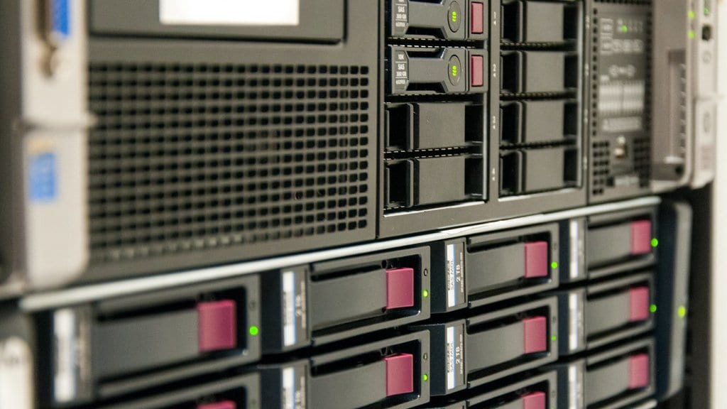 Close-up of a rack mounted server above rows of hot swap drive carriers with green status lights.