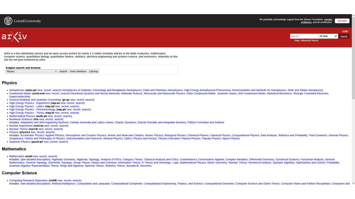 Screenshot of the arXiv website front page: a red banner with the arXiv logo and a search box, above lists of physics, mathematics and computer science subject areas.